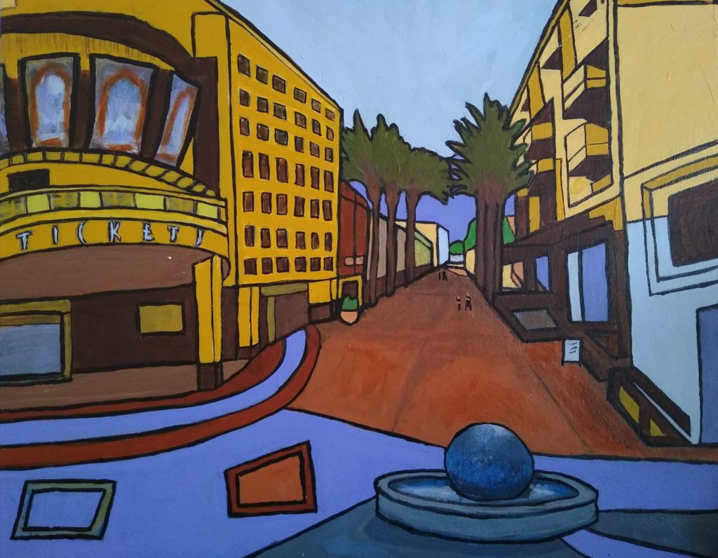 A painted cityscape in an illustrative style by Oscar Will, a yellow theater on the left with a ticket sign and marquees, on the right storefronts and windows with balconies above them, in the distance palm trees line the red and blue street that splits the scene into the sun-lit distance.