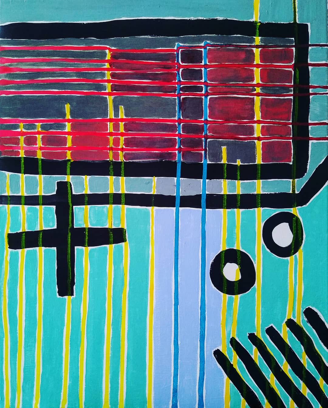 "abstract boy" acrylic painting by Oscar Will of a green striped game playing machine