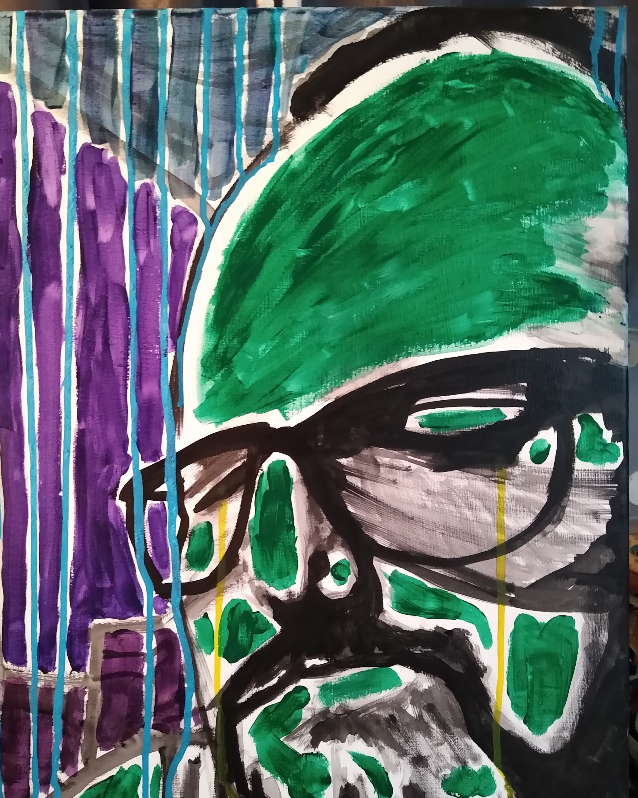 portrait of a sad green face with striped background, abstract art by Oscar Will