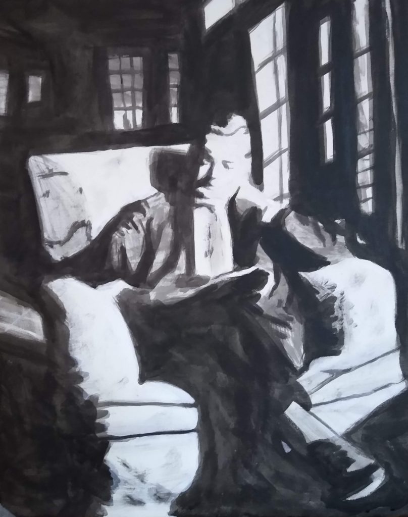Painting by Oscar Will in black and white is of a man sitting in a chair with his legs crossed looking down at something in his lap, no light behind him and dramatic light from windows streaming from the right. 