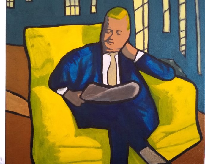 Painting by Oscar Will is of a man in a blue suit sitting in a yellow chair with his legs crossed looking down at something in his lap, dark blue walls behind him and windows on the right.
