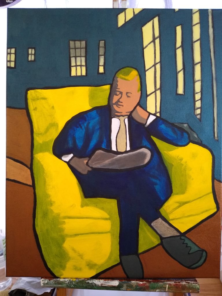 Painting by Oscar Will is of a man in a blue suit sitting in a yellow chair with his legs crossed looking down at something in his lap, dark blue walls behind him and windows on the right. 