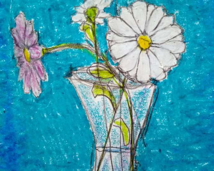 Drawing of three flowers in a case with a Blue background, pencil and crayon