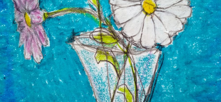 Drawing of three flowers in a case with a Blue background, pencil and crayon