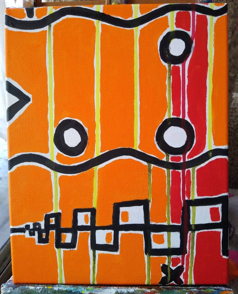 abstract art - orange with red stripes and black outlined shapes