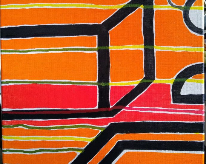 abstract orange painting with black lines by Oscar Will
