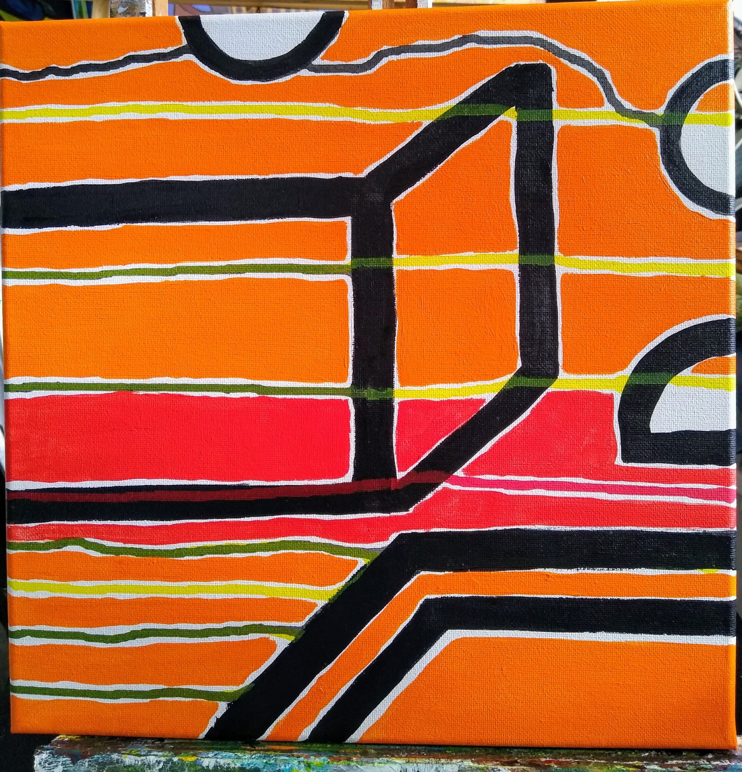 abstract orange painting with black lines by Oscar Will