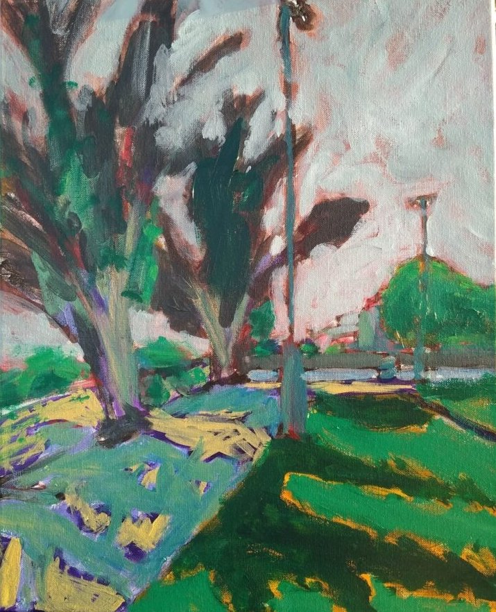 Impressionist painting of a park with two trees by Oscar Will OWILL.ART