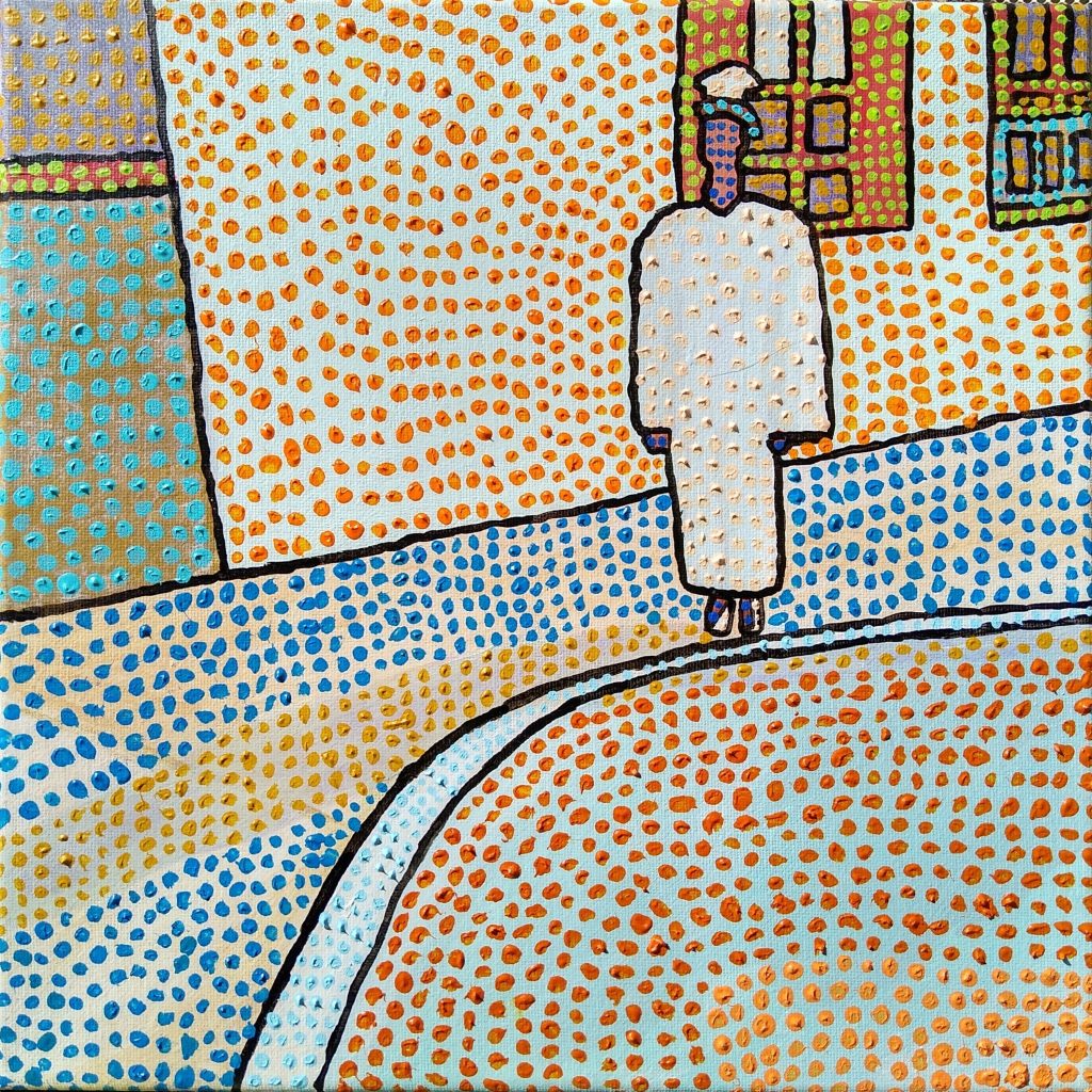 illustrative pointillism impressionistic closed impressionism painting of a figure in a white graduation gown by a pool by Oscar Will