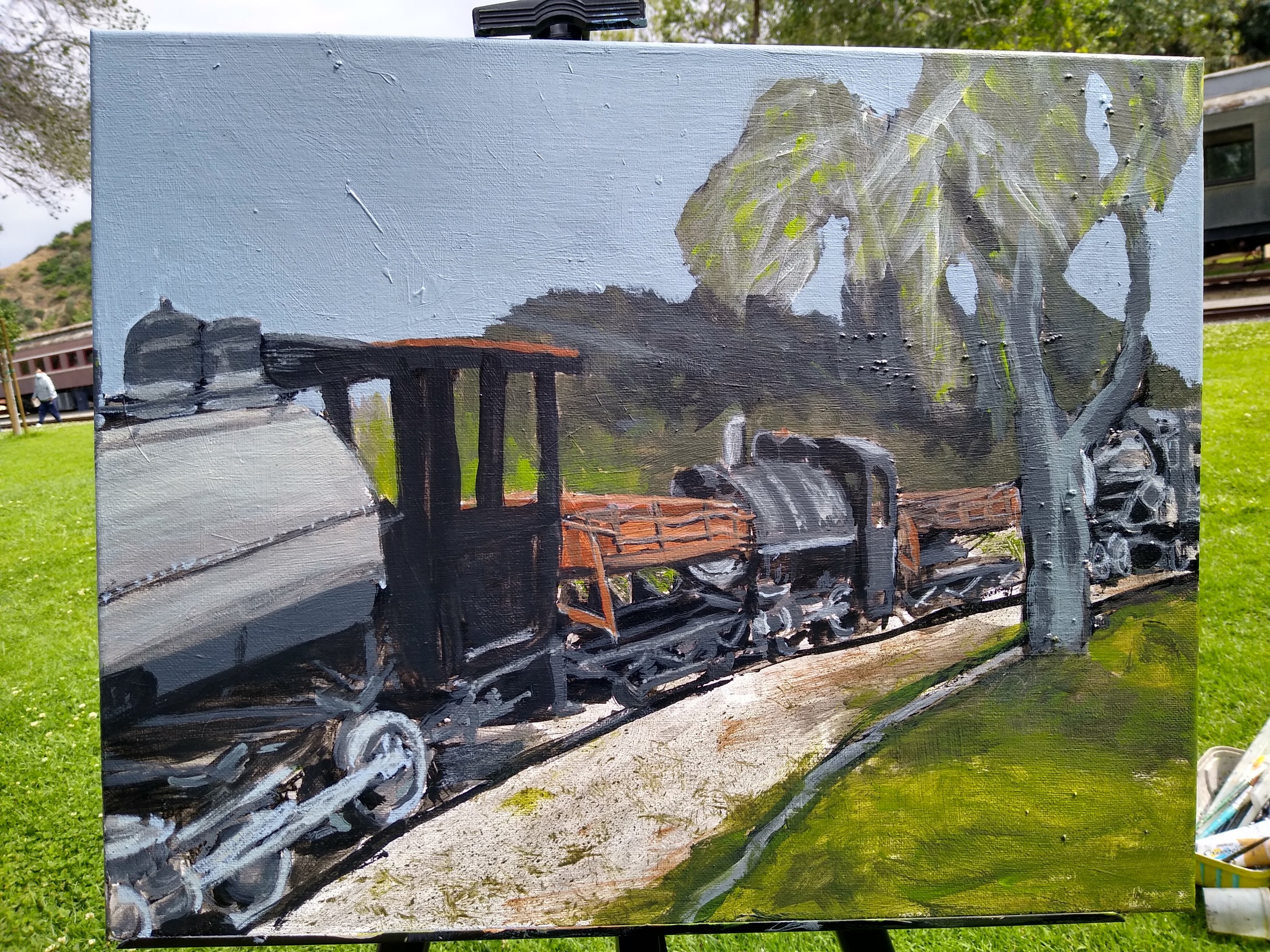 Painting of travel town trains by Oscar Will