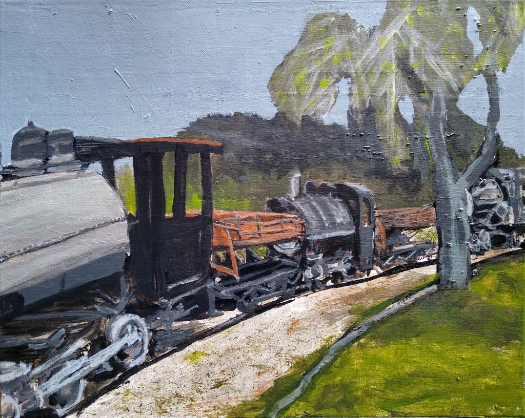 painting of trains in Travel Town Griffith Park California by Oscar Will