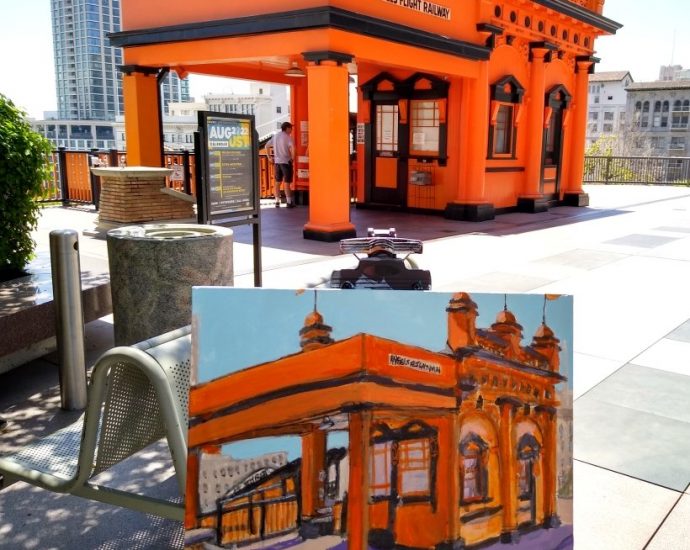 view of angels flight and painting of angels flight by Oscar Will