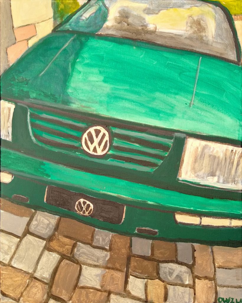 painting of a green vw car impressionism style by Oscar Will OWILL.ART