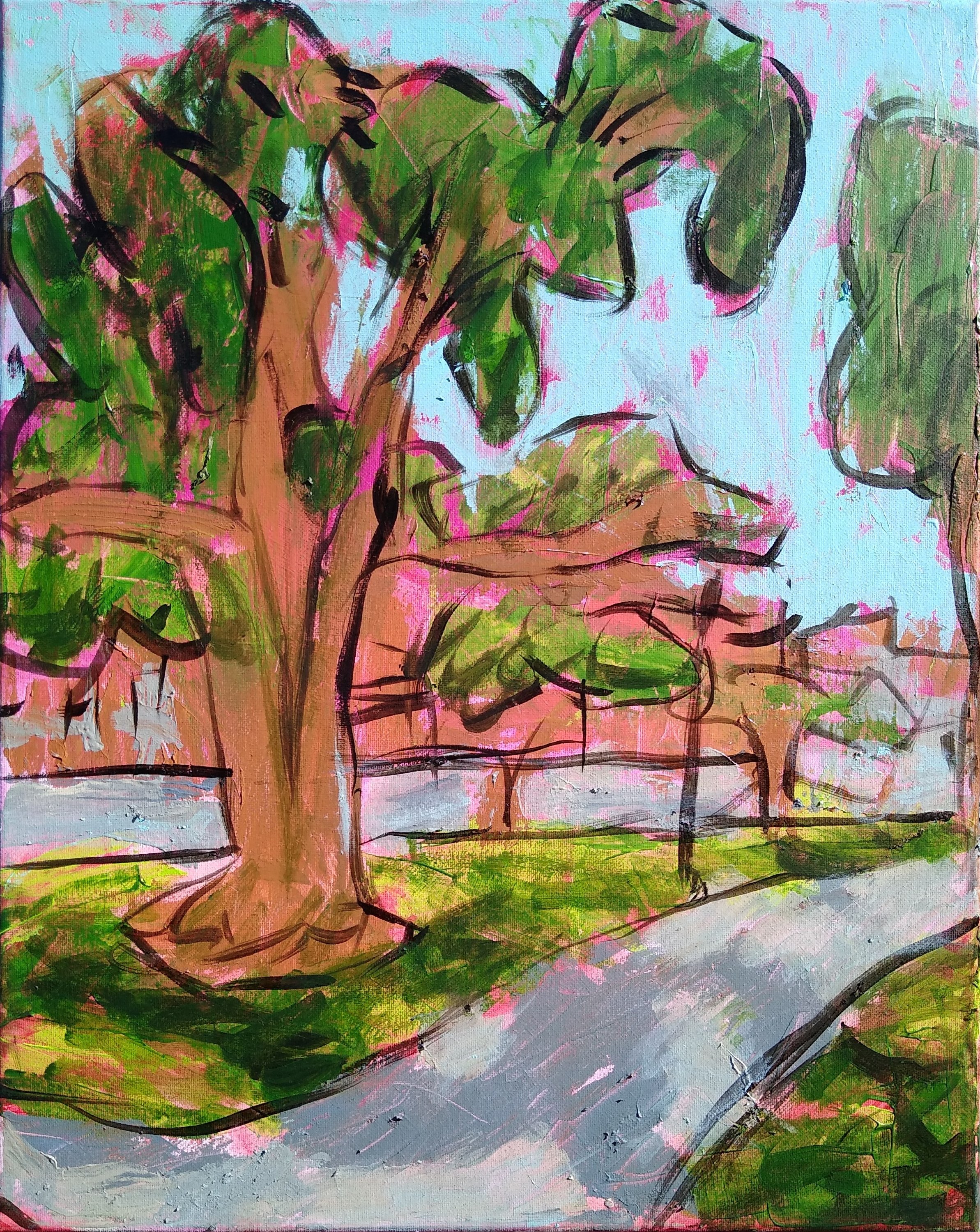 Tree and sidewalk en plein air painting live painting at Jackalope Art Fair Oscar Will owill.art