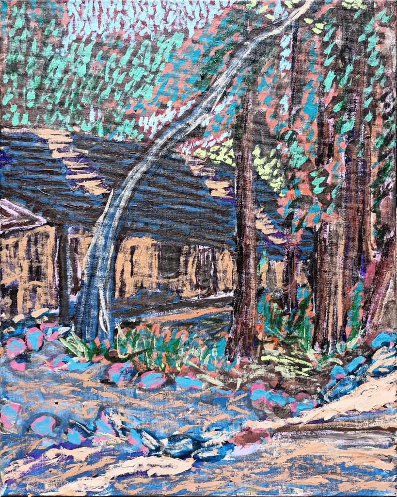 colorful painting of a house behind trees by Oscar Will